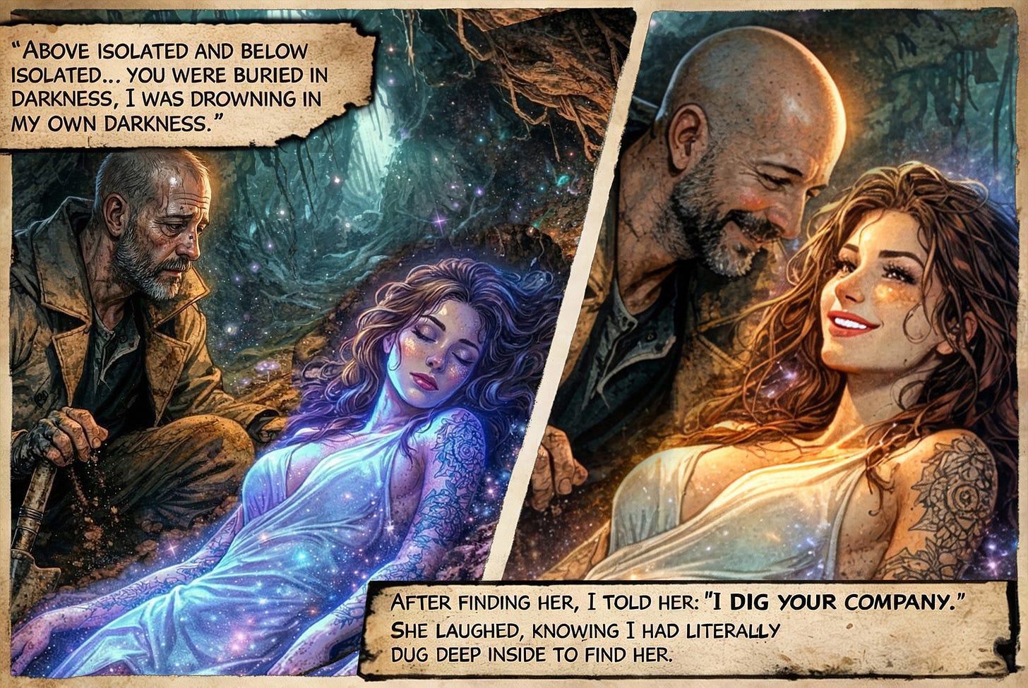 Self-Archaeology- comic scene of author’s dig, finding Alina & laughing together to their pun “I dig your company.”