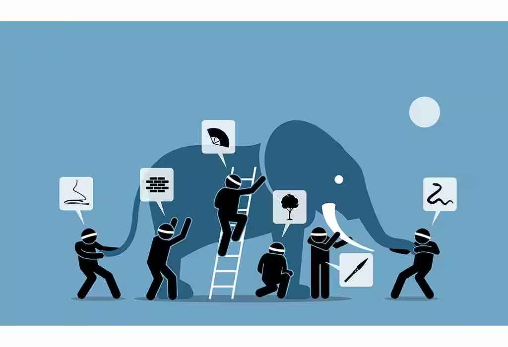 Silhouetted figures collaboratively building or assembling a large curved structure with various symbolic icons.