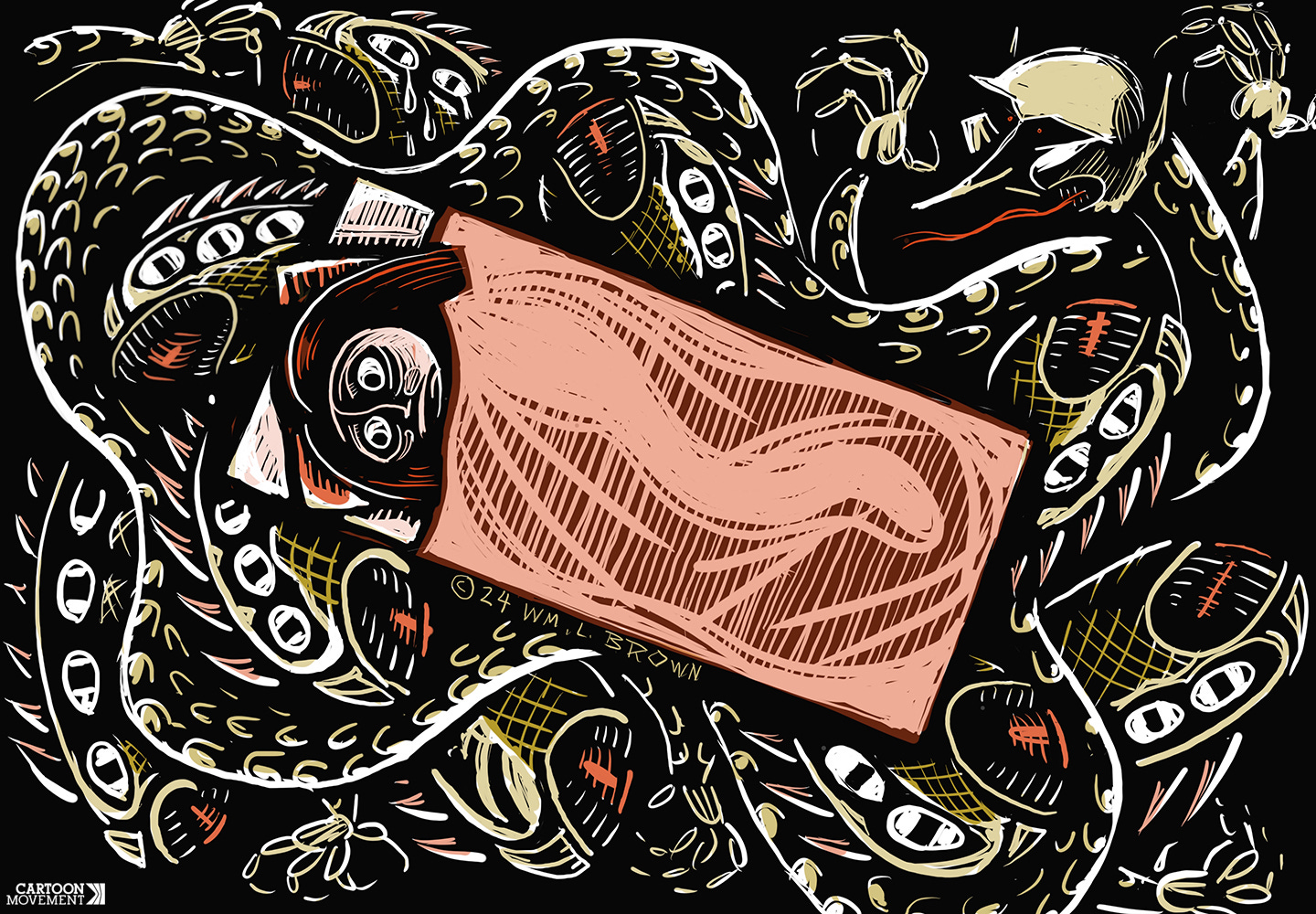 Cartoon showing a wide-eyed person lying in bed as demons swirl around. 
