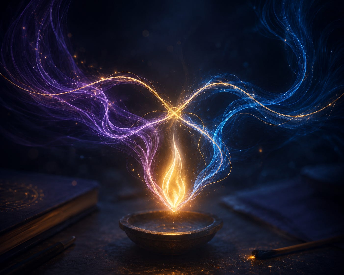 Two luminous streams of purple and blue light spiral toward each other, meeting above a small golden flame rising from a bowl on a desk, with a closed book and matchstick nearby in a dark, atmospheric setting. Two luminous streams of purple and blue light spiral toward each other, meeting above a small golden flame rising from a bowl on a desk, with a closed book and matchstick nearby in a dark, atmospheric setting.
