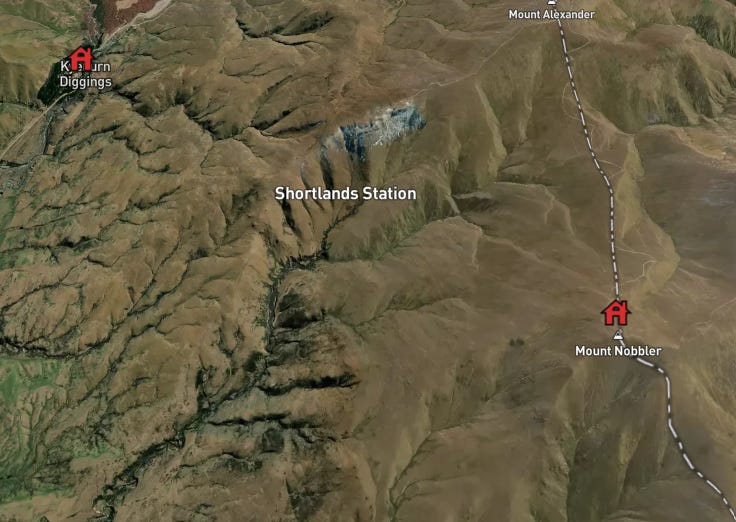 a map showing the relative positions of the Kyeburn Diggings, McCready's Station (now Shortlands Station) and Mt Nobbler and the terrain in between them