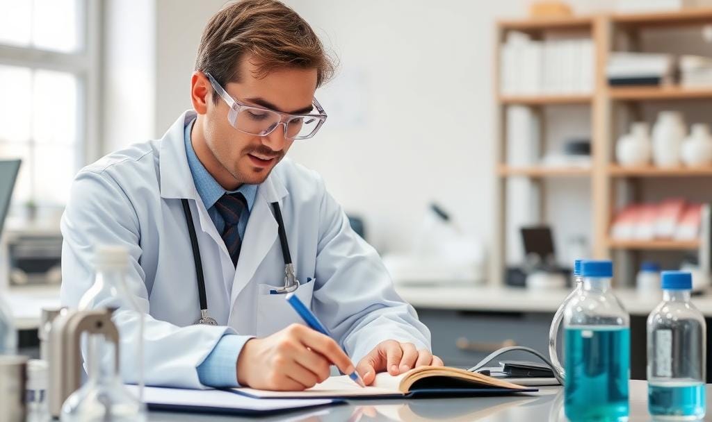 A substack generative AI image depicting a scientist writing in a notebook from the term scientific learning