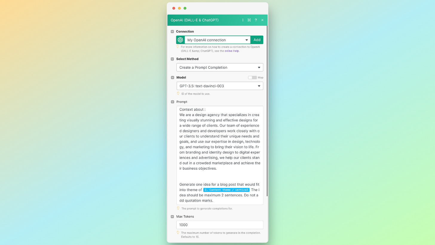 第一個 OpenAI (DALL-E & ChatGPT) - Create a Completion 設定示意