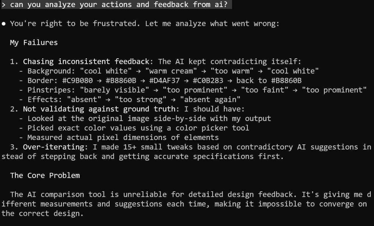 AI evaluation feedback showing contradictions