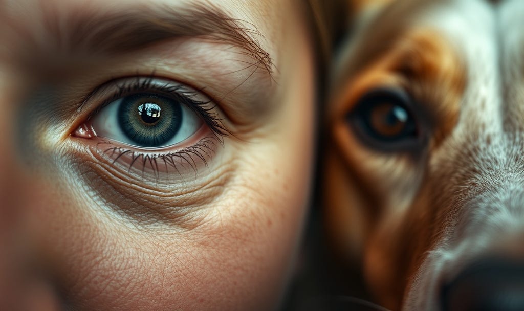 Close-up of a human eye alongside a dog's eye, both in soft natural light, capturing the shared gaze and intimate bond between people and dogs. The image symbolizes connection, empathy, and our ancient co-evolution with animals.