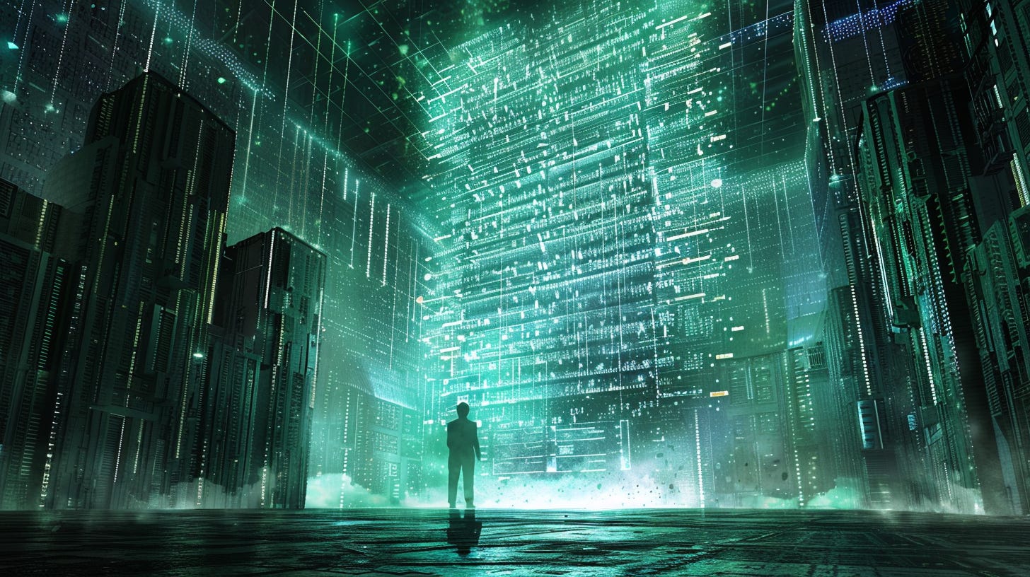 A small figure in silhouette stands in front of a huge edifice of what looks like servers. Image generated using Midjourney