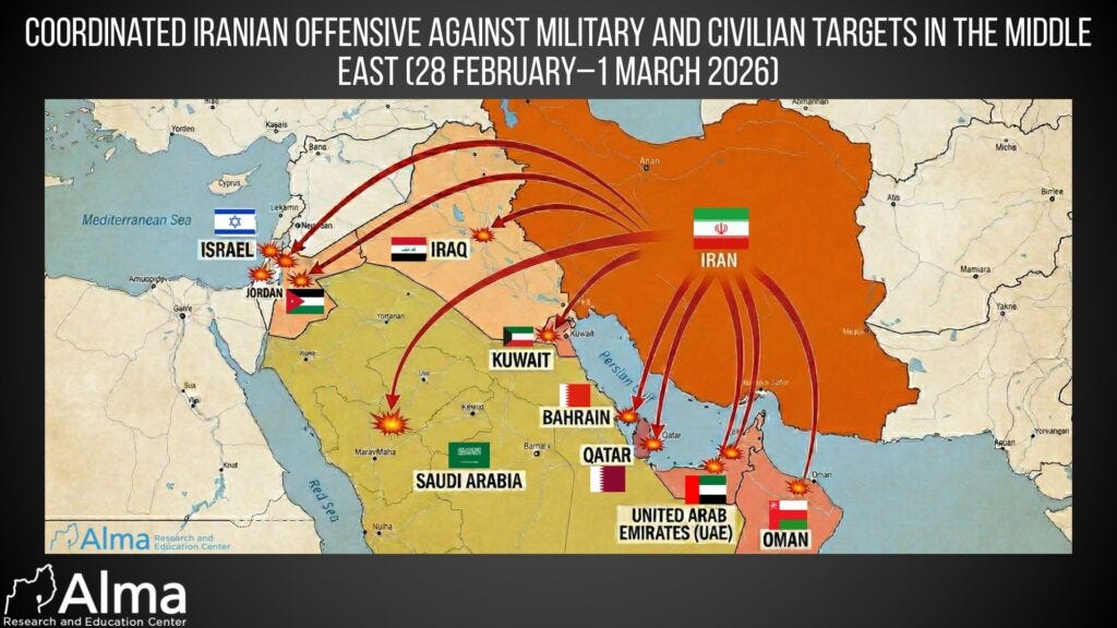 Iran's Multi‑Front Missile and UAV Offensive Across the Middle East (Feb  28–Mar 1, 2026) - Alma Research and Education Center