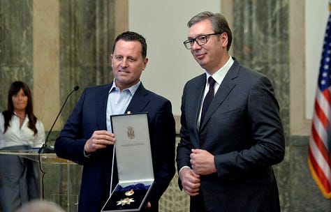 In a series of events highlighting shifting alliances and political dynamics in the Balkans: (1) Richard Grenell, former U.S. diplomat and special envoy to the Balkans during the Trump administration, meets with Kosovo's former Prime Minister Ramush Haradinaj at Trump International Hotel on January 20, 2025. (2) Grenell is seen receiving "The Order of the Serbian Flag" from Serbian President Aleksandar Vucic, just 31 days after Belgrade-backed paramilitary forces led by Milan Radoicic launched the Banjska attacks in northern Kosovo, resulting in the death of a Kosovar policeman. (3) In 2018, during his tenure as Prime Minister of Kosovo, Ramush Haradinaj welcomed Milan Radoicic, the leader of the paramilitary forces behind the Banjska attacks, to Pristina.