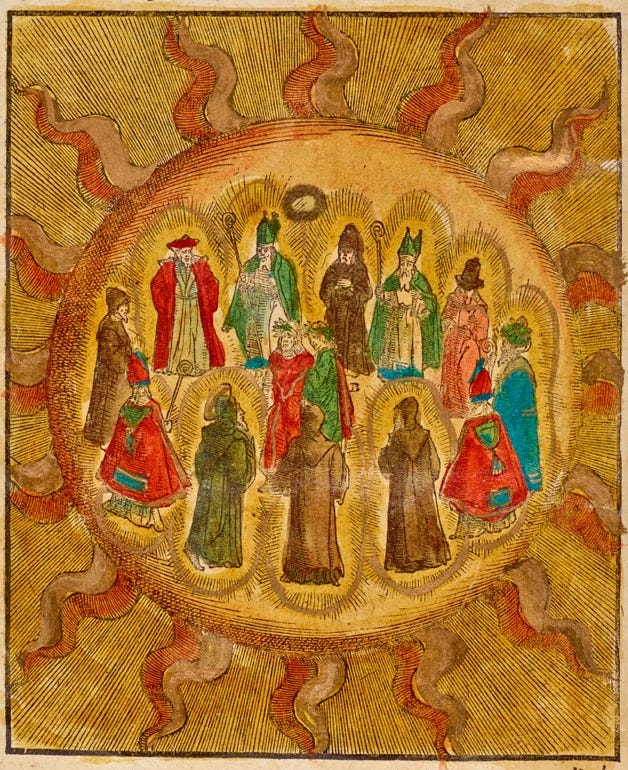In the Fourth Heaven, the Sphere of the Sun, Dante and Beatrice meet St. Thomas Aquinas, Albert of Cologne, Gratian, Peter Lombard, King Solomon, Dionysus the Areopagite, Paulus Orosius, Boethius, St. Isidore of Seville, the Venerable Bede, Richard of St. Victor, and Siger de Brabant.
