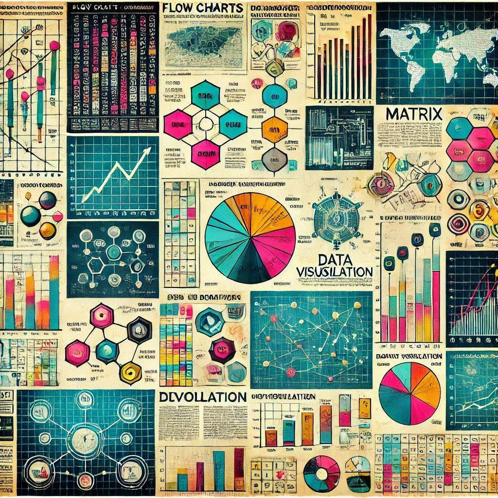a scrapbook style collage of newspaper and magazine clippings featuring flow charts, graphs, matrix style numbers, and data visualization, vibrant