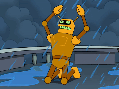 Calculon from Futurama on his knees in a dramatic pose in the rain