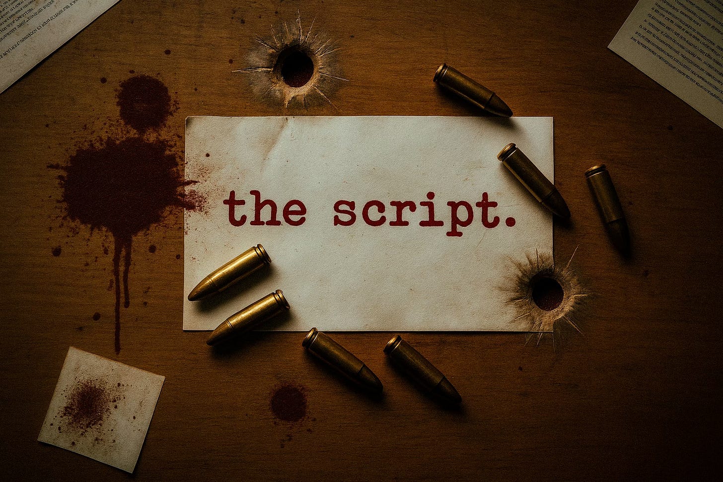 A wooden school desk seen from above, pierced with multiple bullet holes. Brass bullet casings and scattered papers surround the faint red typewritten words “the script.” printed on a sheet in the center. A wooden school desk seen from above, pierced with multiple bullet holes. Brass bullet casings and scattered papers surround the faint red typewritten words “the script.” printed on a sheet in the center.