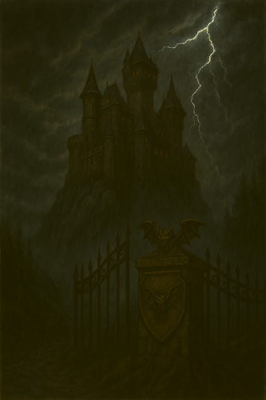 Castle Ravenloft looms atop a jagged cliff on a stormy night. The ancient fortress is built of dark stone, with towering spires and narrow windows glowing faintly with candlelight. Lightning forks across the sky, illuminating the castle's silhouette against swirling storm clouds. Rain lashes the battlements and the surrounding forest is shrouded in mist. The drawbridge is raised, and the iron gates are shut, guarded by gargoyle statues perched on crumbling pillars. The atmosphere is ominous and charged, with wind whipping through the trees and thunder echoing across the valley.