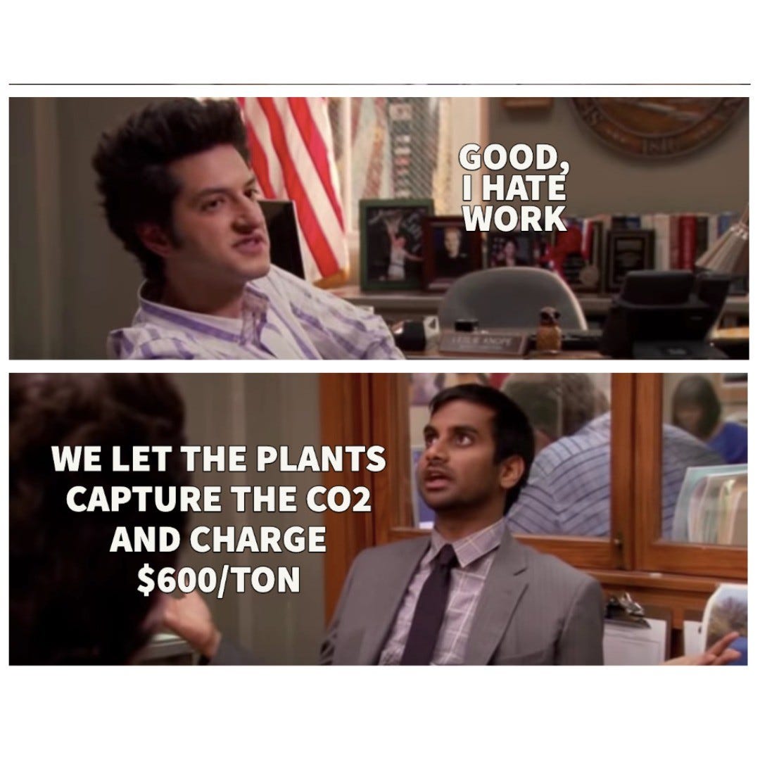 Two more Parks and Recreation panels. Jean-Ralphio: "Good, I hate work." Tom: "We let the plants capture the CO2 and charge $600/tonne."