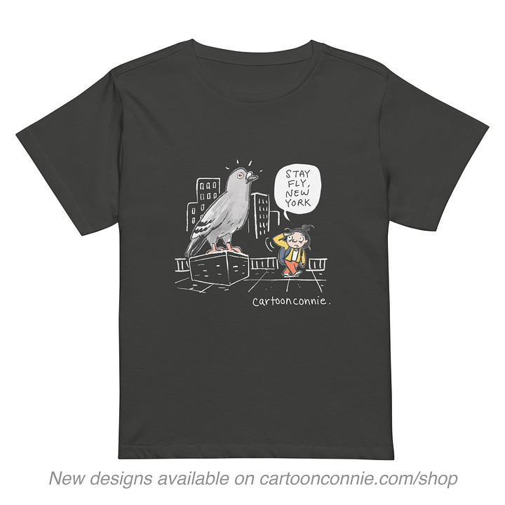 Images of an illustrated graphic tee by Connie Sun, available on cartoonconnie.com/shop