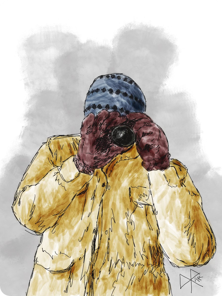 Looking through the viewfinder, face obscured and fully covered in a winter coat, gloves and hat - a figure points a single-lens reflex camera at the viewer. Sketch art by Don Rice. Looking through the viewfinder, face obscured and fully covered in a winter coat, gloves and hat - a figure points a single-lens reflex camera at the viewer. Sketch art by Don Rice.
