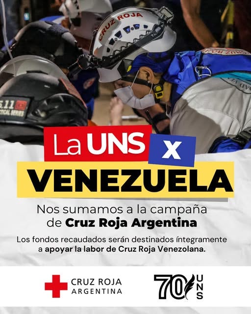 Puede ser una imagen de texto que dice "ROJA peza f 11回 11 TICAL CALSERES La UNS X VENEZUELA Nos sumamos a la caTpaйa de Cruz Roja Argentina Los fondos recaudados serán destinados íntegramente a apoyar la labor de Cruz Roja Venezolana. CRUZ ROJA ARGENTINA 70 S"