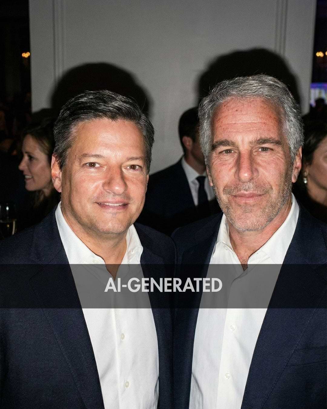 A photorealistic AI-generated photo of two men posing together at a party in dark blazers and open-collar shirts, created with Google’s Nano Banana Pro and labeled “AI-GENERATED.”