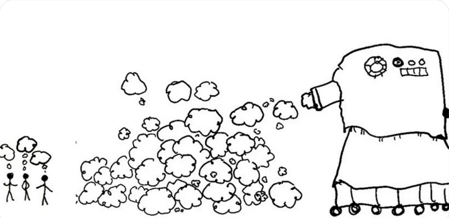 cartoon of thought machine next to humans thinking