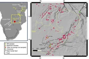 Location map (after Daly et al., 2020) of the extensional zone within the Central African Plateau of Zambia. The Kafue Rift is connected to the Luano and Luangwa rifts to the NE, and the Western branch of the EARS at the Rukwa rift (RRB) and Rungwe Volcanic Province (RVP). Rift zone samples include geothermal wells (Well 15, 18, 20) and springs (Bwengwa and Gwisho). Basement hydrothermal spring samples were collected ∼50 km to the SW (Mosali spring) and ∼150 km to the NNW (Lubungu spring) from the rift zone. Locations of other thermal springs from (Legg, 1974; Tamburello et al., 2022). Location map (after Daly et al., 2020) of the extensional zone within the Central African Plateau of Zambia. The Kafue Rift is connected to the Luano and Luangwa rifts to the NE, and the Western branch of the EARS at the Rukwa rift (RRB) and Rungwe Volcanic Province (RVP). Rift zone samples include geothermal wells (Well 15, 18, 20) and springs (Bwengwa and Gwisho). Basement hydrothermal spring samples were collected ∼50 km to the SW (Mosali spring) and ∼150 km to the NNW (Lubungu spring) from the rift zone. Locations of other thermal springs from (Legg, 1974; Tamburello et al., 2022).