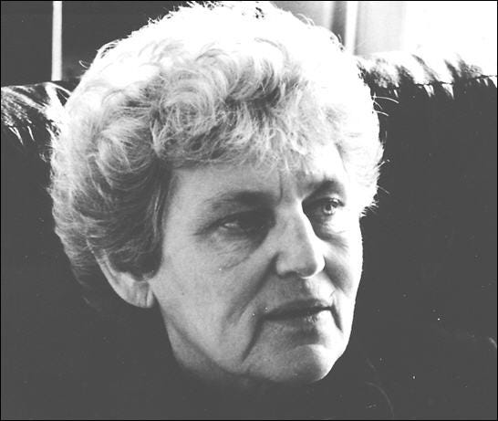 Left: a middle-aged woman with thick gray hair (Tillie Olsen). Right: Young woman in her office blazer and scarf (Rona Maynard).