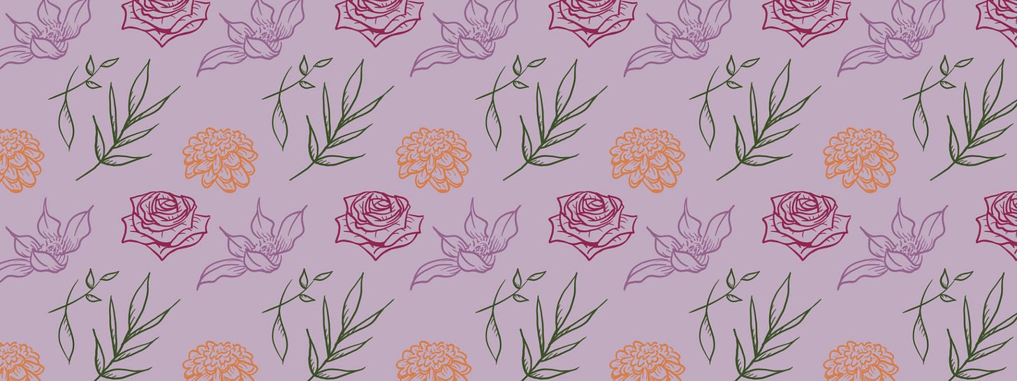 a repeating pattern with colorful outlines of flowers on a purple background