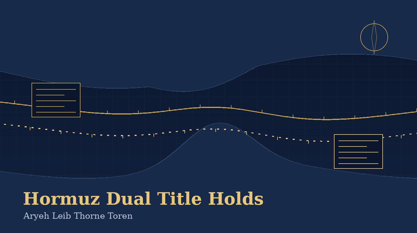 Abstract navy-and-gold schematic of a narrow strait crossed by two parallel gold lines, one solid and one dashed, each tied to its own ledger panel.