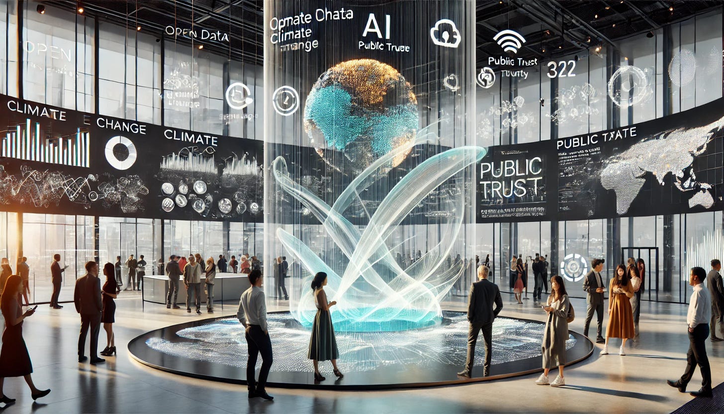 People walk through a high-tech data center with holographic projections of Earth, public trust indicators, and climate change analytics. A glowing digital sculpture stands at the center, symbolizing the fusion of data, AI, and transparency.