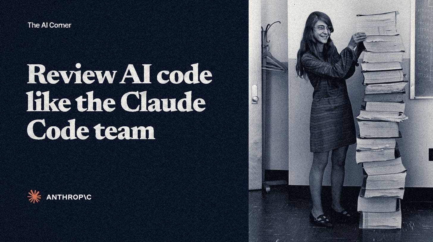 Cover reading Review AI code like the Claude Code team, beside an archival photo of a programmer next to a stack of code listings as tall as she is. Cover reading Review AI code like the Claude Code team, beside an archival photo of a programmer next to a stack of code listings as tall as she is.