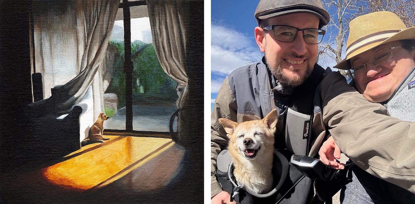 Left: Painting of Lola as she sits in a patch of sunlight in our living room gazing out in the garden patio of our old apartment. Right: Photo of Stefan, Athena and Lola in the sun. Lola is smiling happily from her messenger bag carrier slung across Stefan's shoulder.