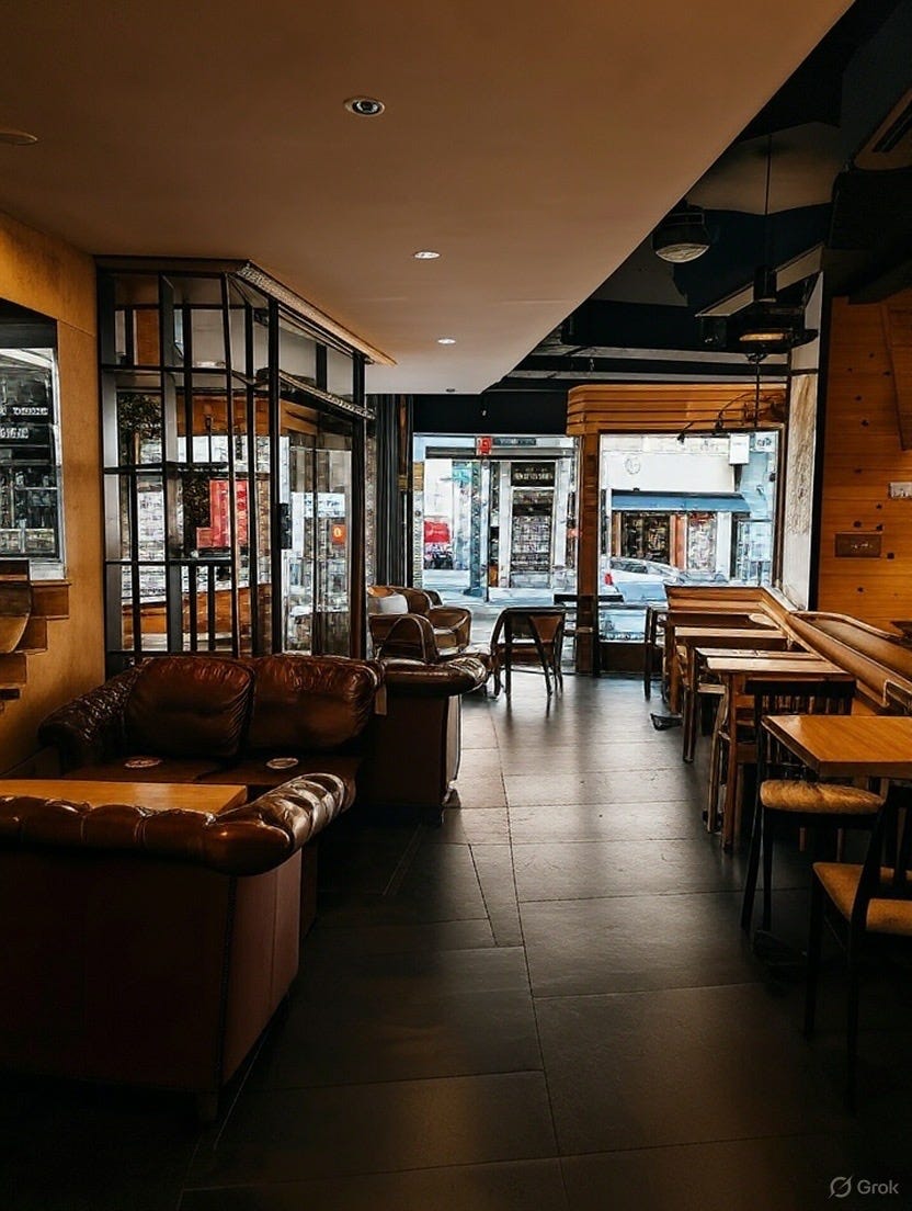A Grok image of a cafe showing leather seats and a coffee shop lobby