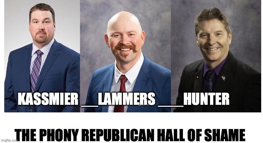 May be an image of 3 people and text that says 'иAaH KASSMIER LAMMERS MMERS__HUNTER HUNTER ngflip. imgflip.con cor THE PHONY REPUBLICAN HALL OF SHAME'