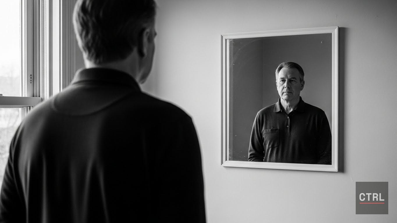 Black and white photo of a middle aged man standing in a quiet room, facing his reflection in a mirror, calm and steady, lit by natural window light.