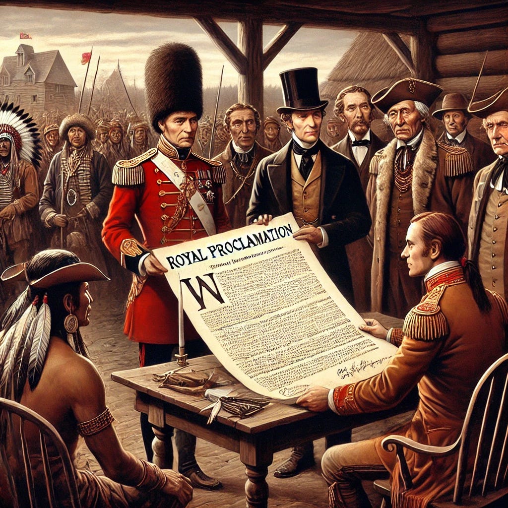 A historical illustration representing the 1763 Royal Proclamation. The scene depicts British officials reading the proclamation to Tribal leaders of the Mi’kmaq, Maliseet, and other Nations. The setting is a British colonial outpost, with the proclamation document displayed prominently. The Tribal leaders are gathered, some listening attentively, while others discuss the implications among themselves. The mood is formal and tense, capturing the significance of the moment.
