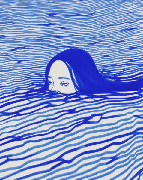 An illustration in blue and white showing a figure submerged in water up to their eyes. The water is represented by horizontal wavy lines, and only the top portion of the person's face - their eyes and flowing hair - is visible above the water surface. An illustration in blue and white showing a figure submerged in water up to their eyes. The water is represented by horizontal wavy lines, and only the top portion of the person's face - their eyes and flowing hair - is visible above the water surface.