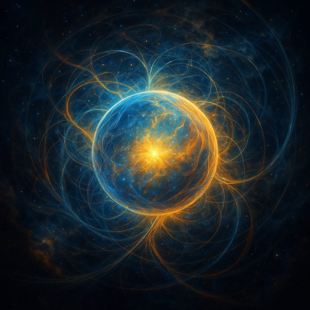 Highly detailed, immersive digital artwork depicting a luminous spherical wavelet floating within a vast cosmic field. The orb shimmers with intricate light patterns, surrounded by swirling filaments, fractal structures, and subtle waves, symbolising consciousness as a boundary shaping reality. Highly detailed, immersive digital artwork depicting a luminous spherical wavelet floating within a vast cosmic field. The orb shimmers with intricate light patterns, surrounded by swirling filaments, fractal structures, and subtle waves, symbolising consciousness as a boundary shaping reality.