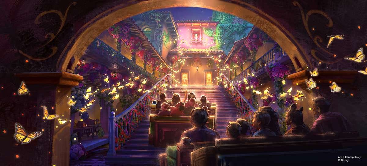 Disney fake-elevation ride patent — Antonio's Fiesta de Encanto concept art. Posted with the permission of Disney Experiences. Disney fake-elevation ride patent — Antonio's Fiesta de Encanto concept art. Posted with the permission of Disney Experiences.