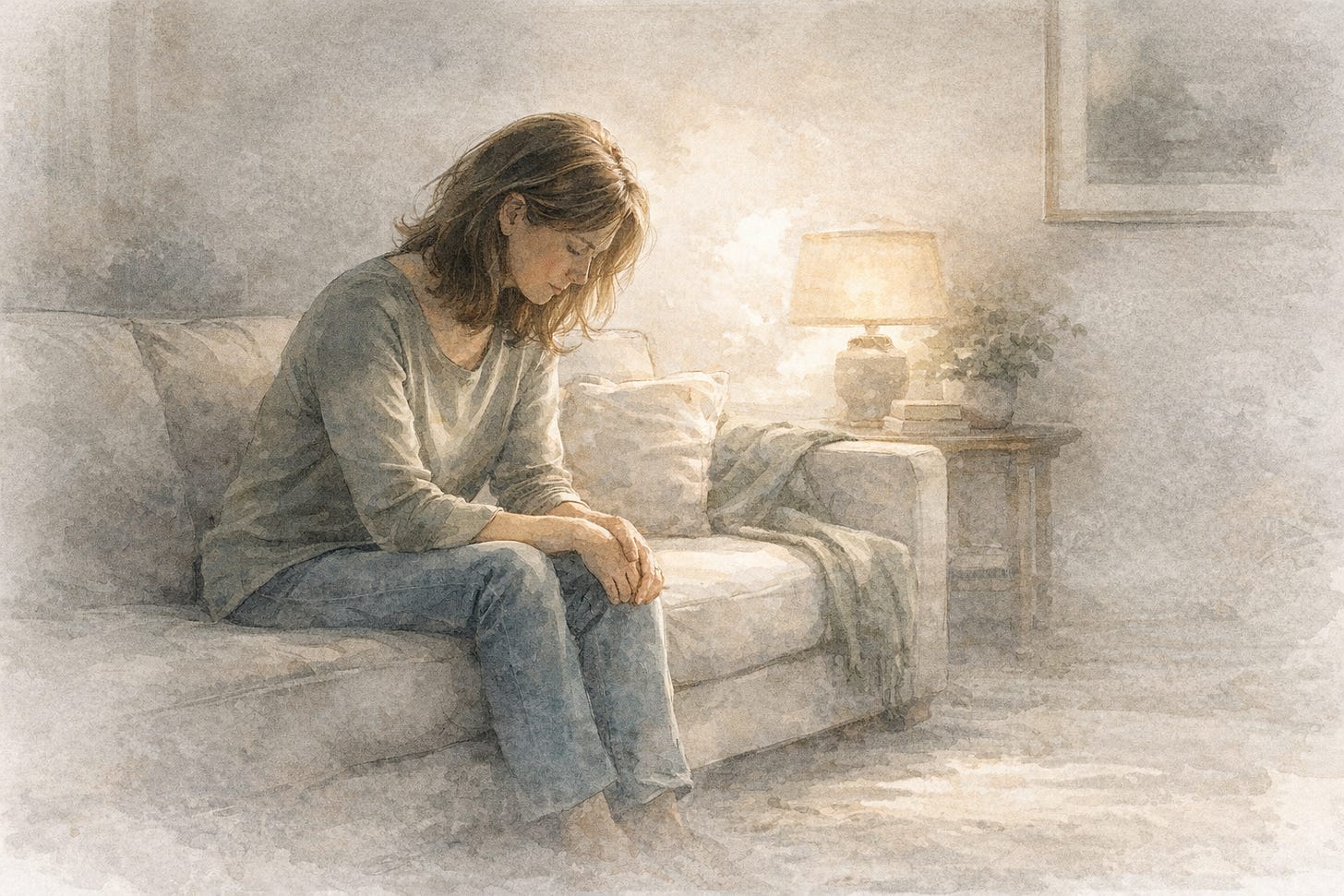 Woman sitting quietly on a couch with head lowered in soft light, reflecting on self-love and self-compassion in a living room setting.