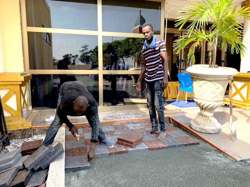 Installation of plastic bricks/ tiles. Installation of plastic bricks/ tiles.