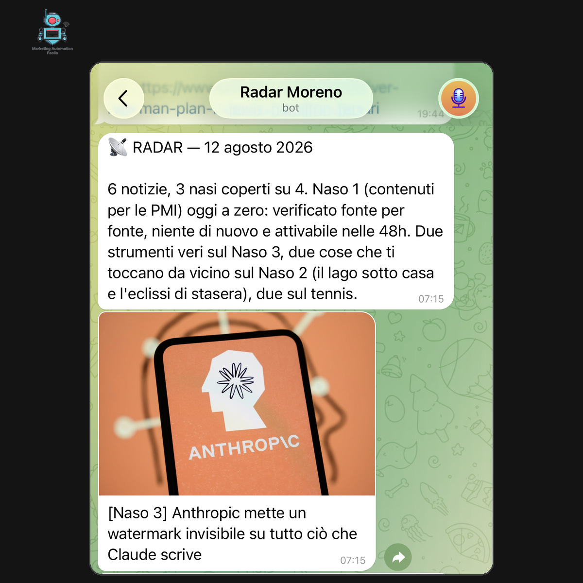 Chat Telegram del bot Radar Moreno, 12 agosto 2026: la notizia del watermark invisibile di Anthropic sui testi di Claude Chat Telegram del bot Radar Moreno, 12 agosto 2026: la notizia del watermark invisibile di Anthropic sui testi di Claude