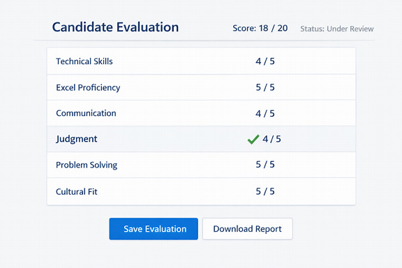 A digital hiring scorecard showing judgment listed as a rated skill alongside other measurable competencies.
