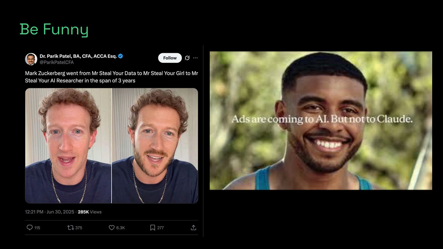 Be Funny - Zuckerberg meme and Anthropic Claude ad