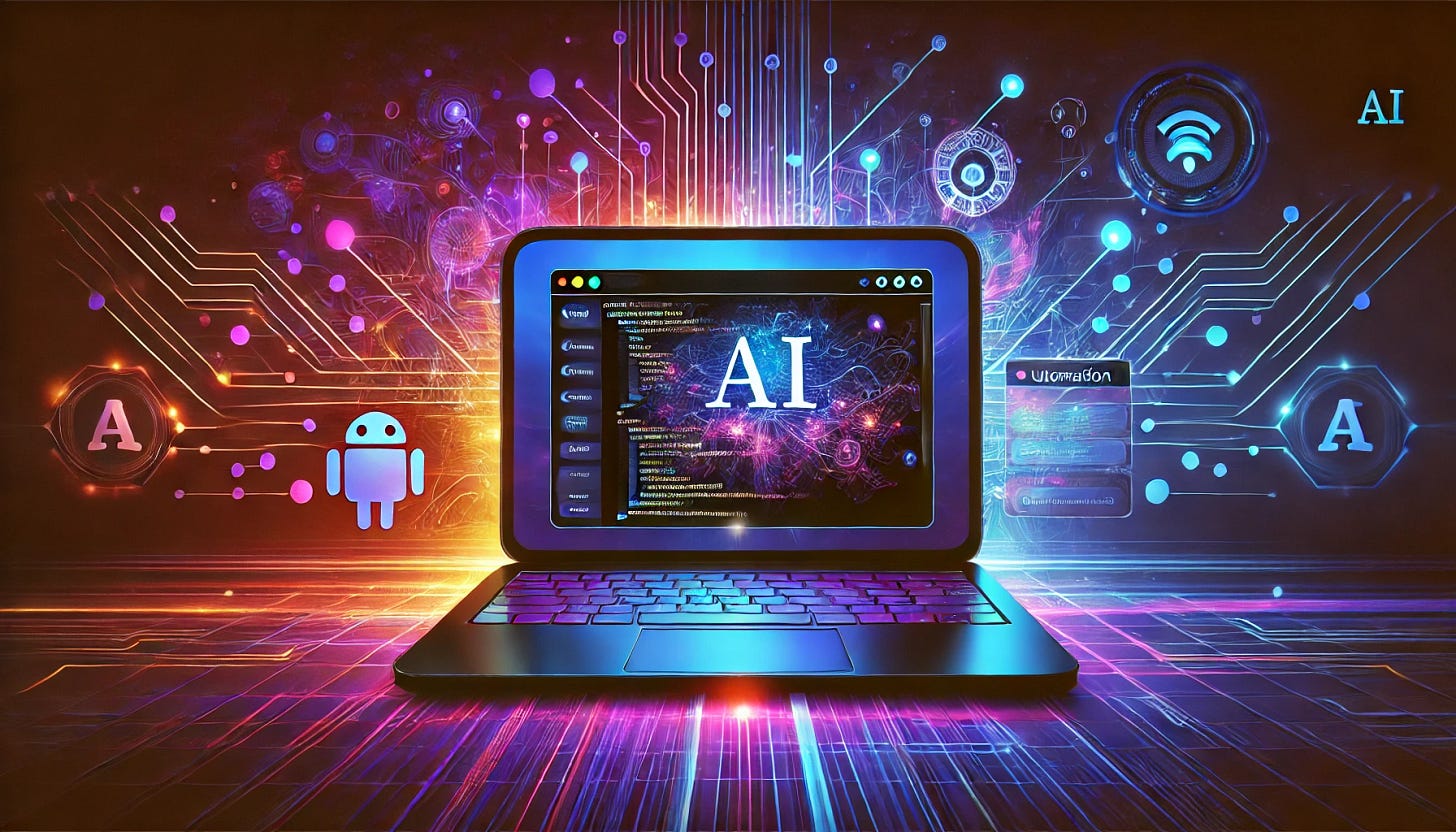A futuristic and visually engaging illustration representing AI-driven web automation with a unique color scheme. The image features a sleek laptop screen displaying a web browser with AI-controlled interactions, automation scripts running in the background, and an abstract network of interconnected data nodes. The background blends deep blue, neon purple, and vibrant gold tones, creating a high-tech and immersive aesthetic. The style is sleek, modern, and visually striking, avoiding any text elements.