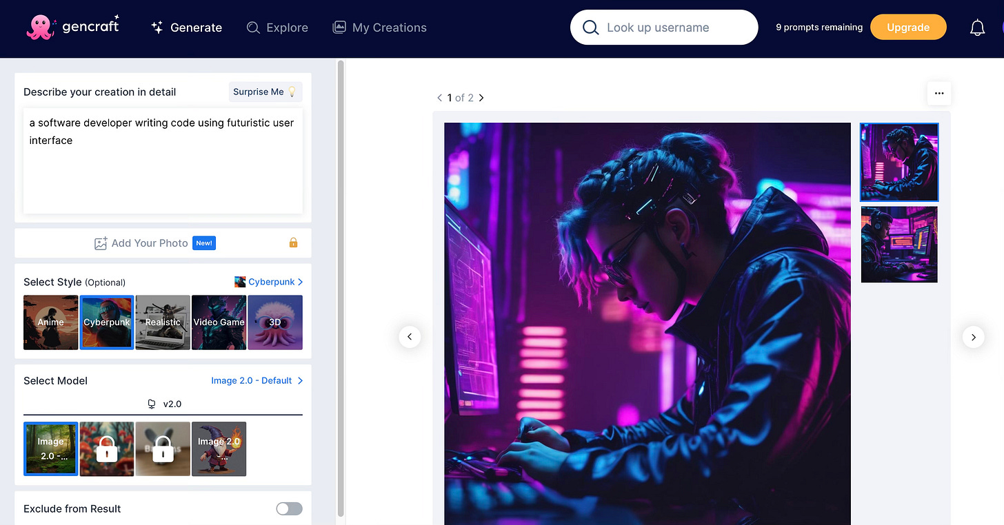 Gencraft image generation screen