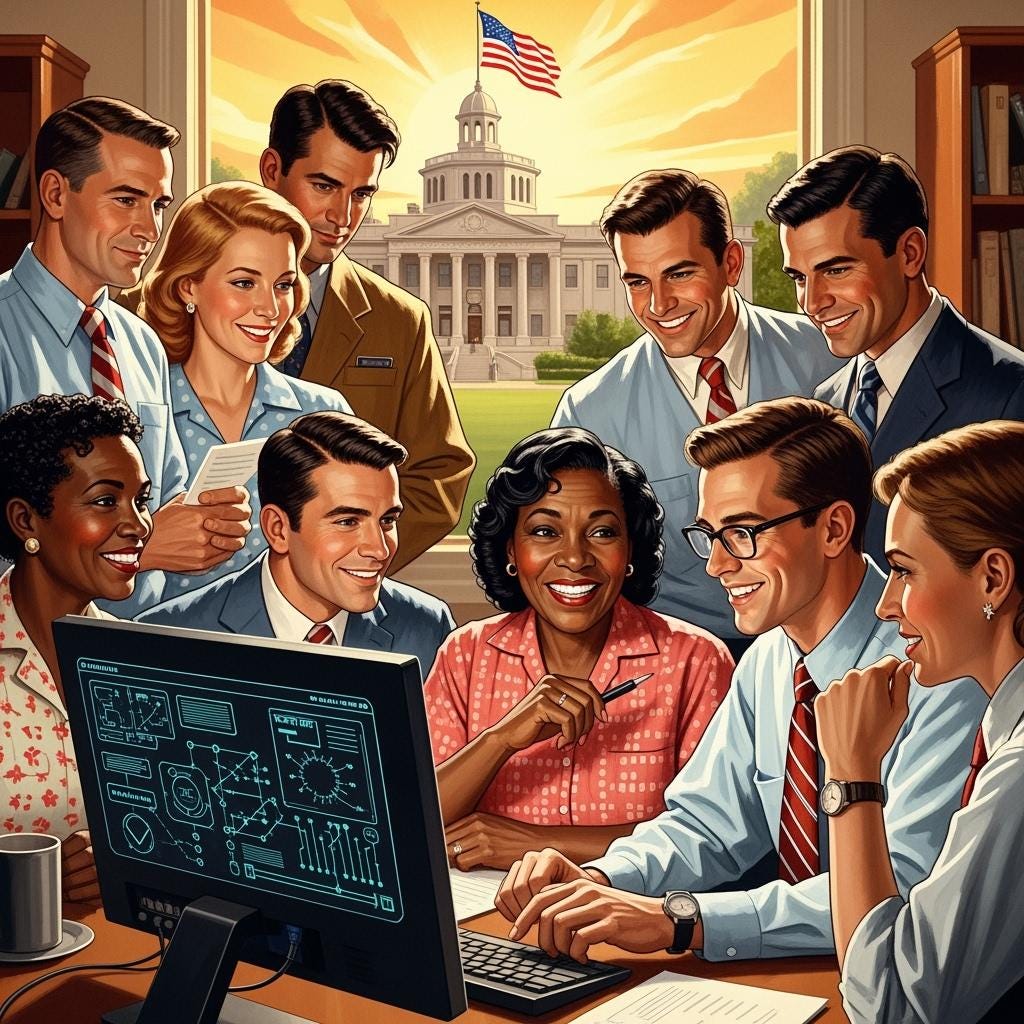Norman Rockwell style illustration heartwarming Americana scene showing a diverse group of government workers and contractors gathered around a modern digital workspace warm golden lighting detailed realistic faces showing hope and determina_image_1