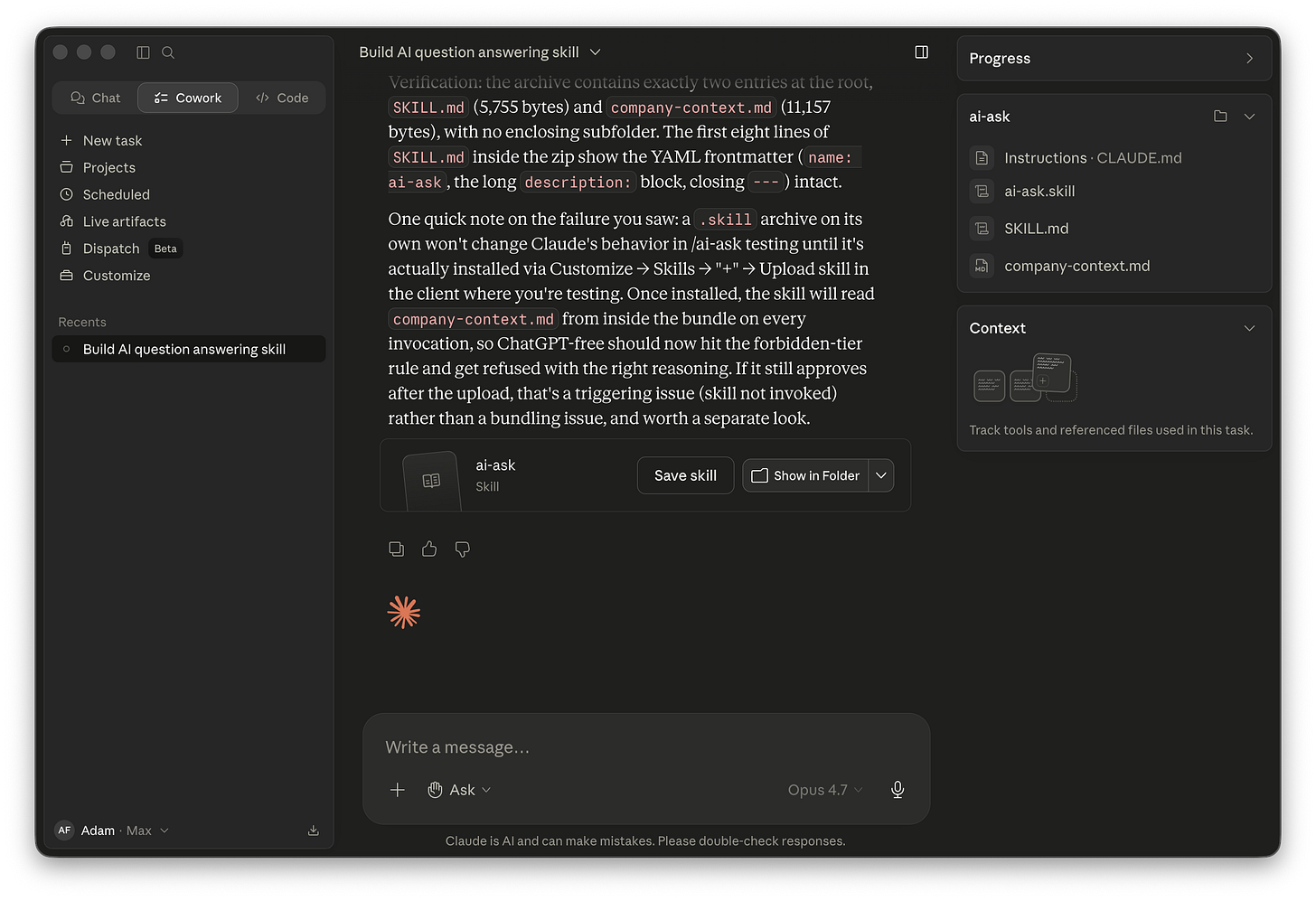 Cowork’s post-packaging verification message stating that the archive contains exactly two entries at the root, SKILL.md (5,755 bytes) and company-context.md (11,157 bytes), with no enclosing subfolder and YAML frontmatter intact, with the ai-ask.skill file visible in the project pane.