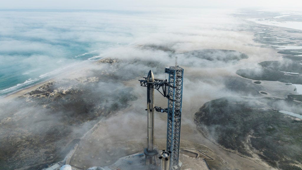 SpaceX Starship's full stack is seen on its launchpad near Brownsville