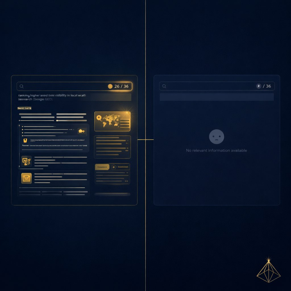 The Visible Practitioner GEO case study April 2026. Split-screen AI query results showing score of 26 out of 36 versus zero representing the gap between brand language and reader language in generative search.