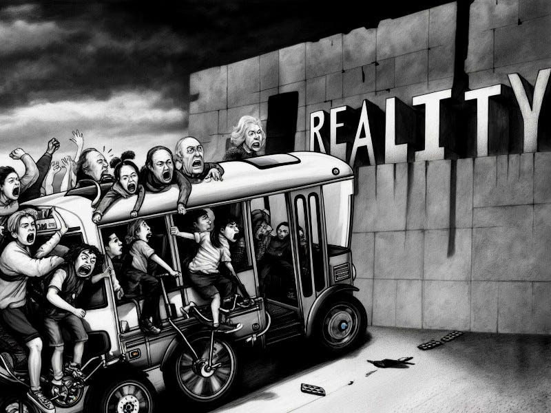 A bunch of screaming, angry people on a bus heading into a wall called reality.