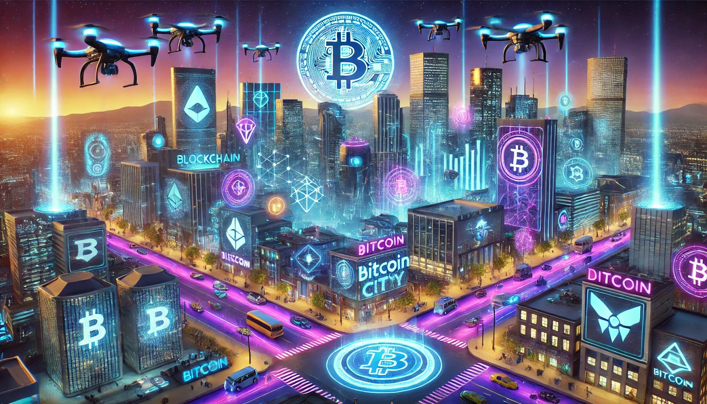 A futuristic cyberpunk-style cityscape of Denver transformed into a crypto city. The skyline features high-tech skyscrapers with neon holographic billboards displaying blockchain symbols and cryptocurrency logos. Hovering drones patrol the skyline, and autonomous vehicles navigate glowing, digital streets. A central plaza features a massive Bitcoin monument surrounded by people in futuristic attire using AR interfaces to trade crypto. The city is illuminated with a blend of blue and purple neon lighting, giving it a high-tech and digital economy vibe.